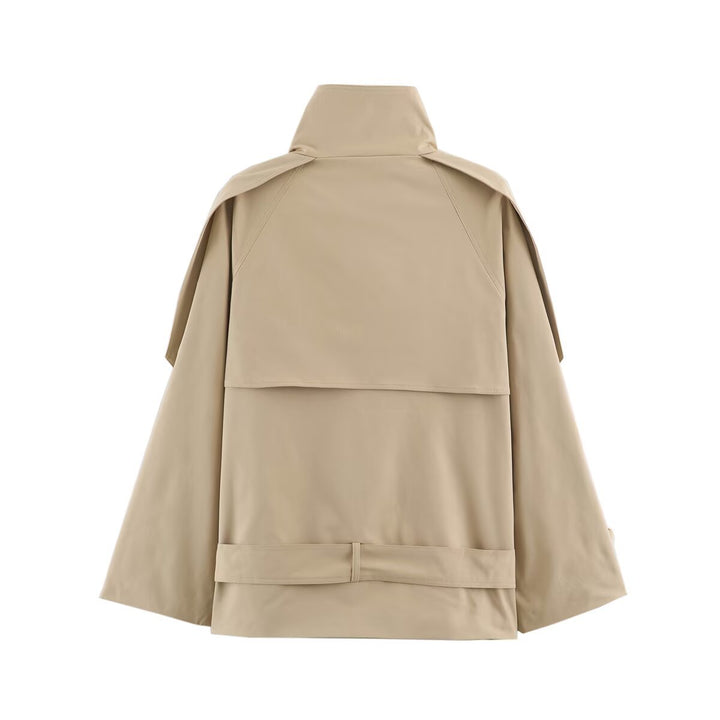 Damen Kurz geschnittener Cape-Trenchcoat mit Stehkragen und Taillengürtel Drune