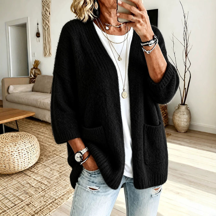 Damen Offener Longcardigan im Mohair-Look mit aufgesetzten Taschen und überschnittener Schulter Drune