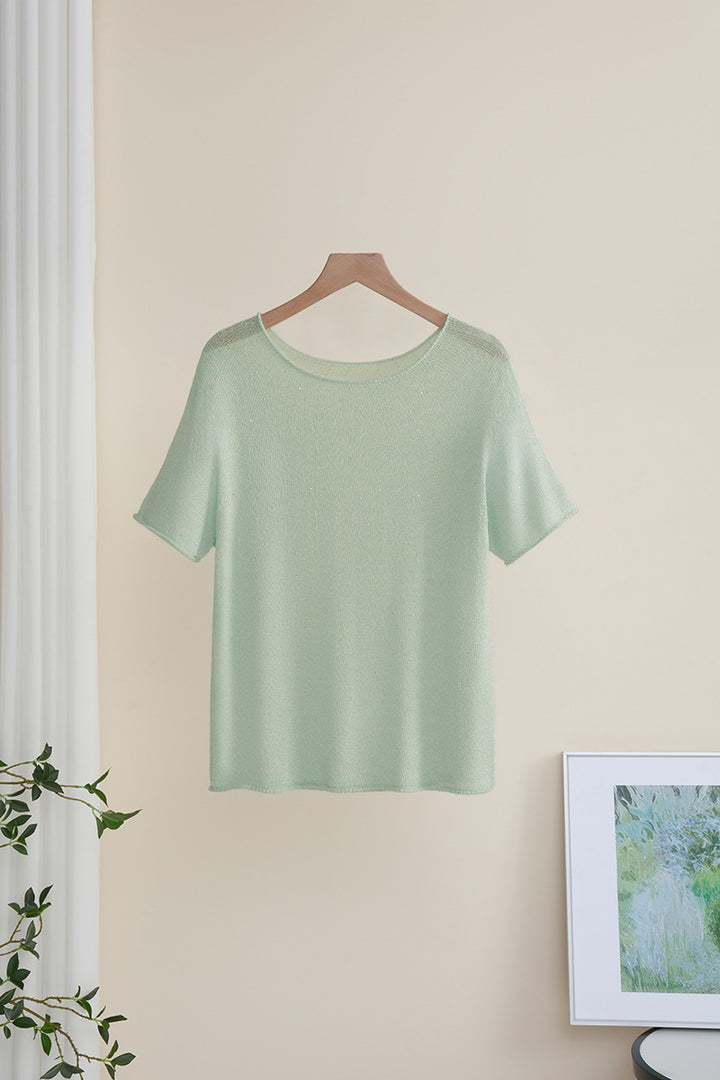 Damen Weiches Feinstrick-T-Shirt mit halbarm, weiter U-Boot-Ausschnitt und feiner Struktur Drune