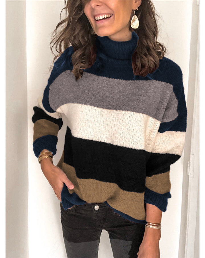 Damen Oversize Rollkragenpullover mit breiten Blockstreifen und weichem Strick Drune