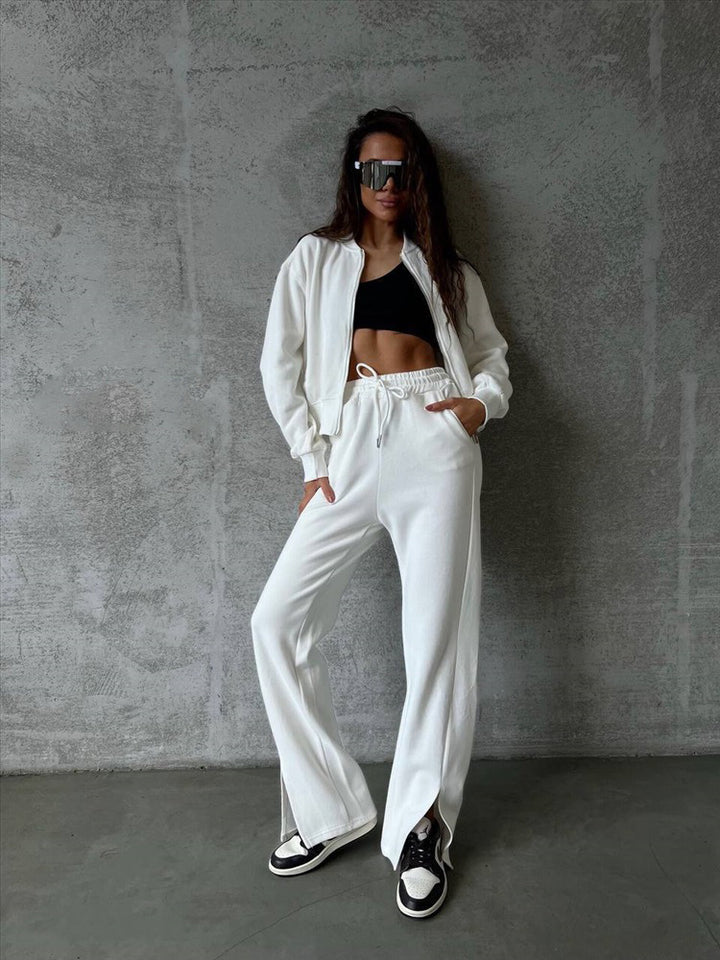 Damen weiches Velours-Zweiteiler mit kurzem Reißverschluss-Bomber und High-Waist-Hose mit Bein-Schlitz Drune
