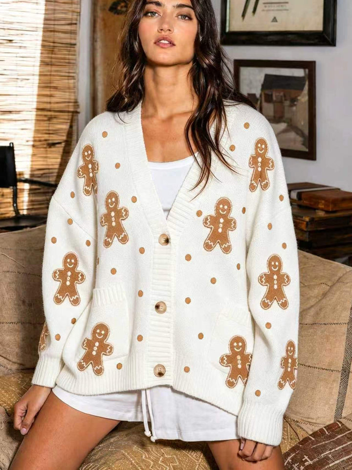 Damen nan oversized Strickcardigan mit Lebkuchenstickerei und tiefem V-Ausschnitt Drune