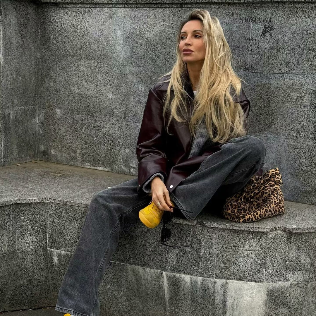 Damen 500+ leichte oversize Kunstleder‑Blousonjacke mit Hemdkragen, Reißverschluss und elastischem Saum Drune