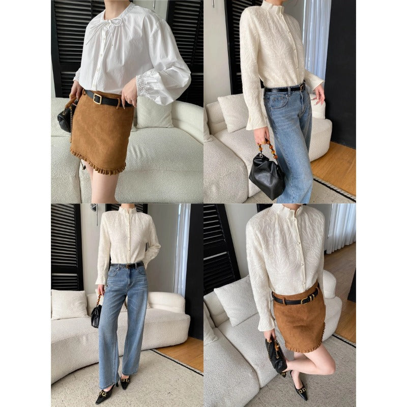 Damen elegante und strukturierte Bluse mit feinen Stickereien Drune