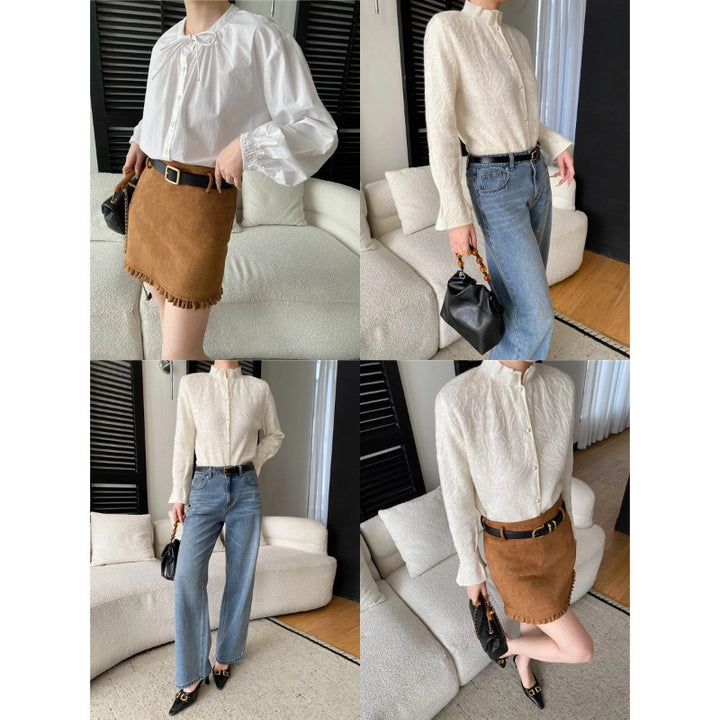 Damen elegante und strukturierte Bluse mit feinen Stickereien Drune