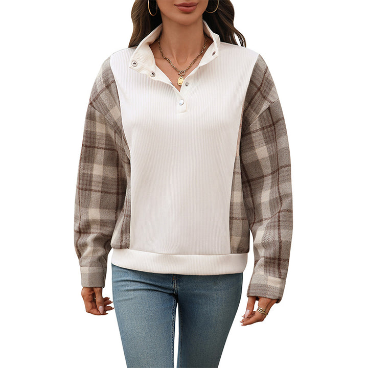 Damen Sweatshirt mit Stehkragen, Druckknopfleiste und karierten Flanellärmeln Drune