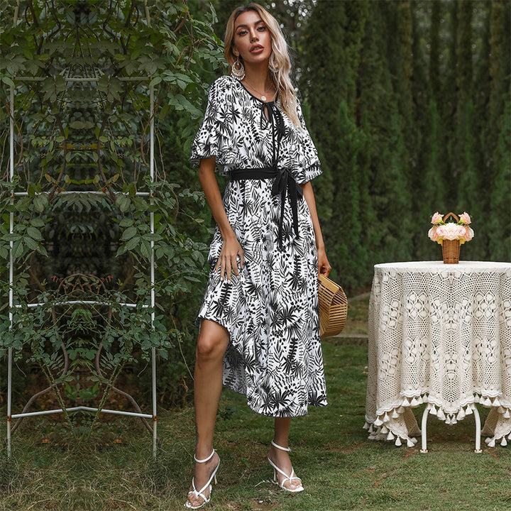 Damen Viskose-Midikleid im Monochrom-Blattform mit Bindegürtel & Flatterärmeln Drune