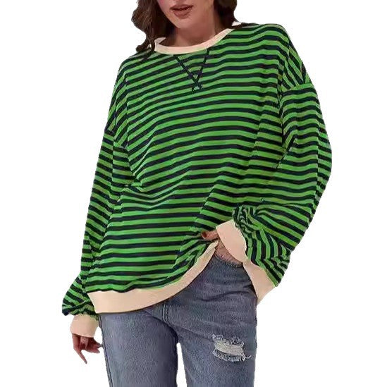 Damen Gestreifter Oversize Pullover mit Kontrastbündchen Drune