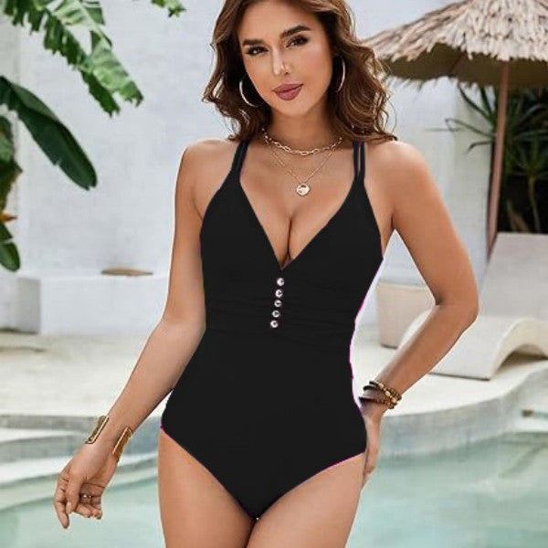 Damen Bikini-Einteiler mit V-Ausschnitt und stilvollen Knöpfen Drune