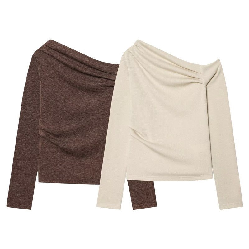 Damen Asymmetrisches Feinstrick-Top mit Wasserfallkragen und seitlicher Raffung Drune