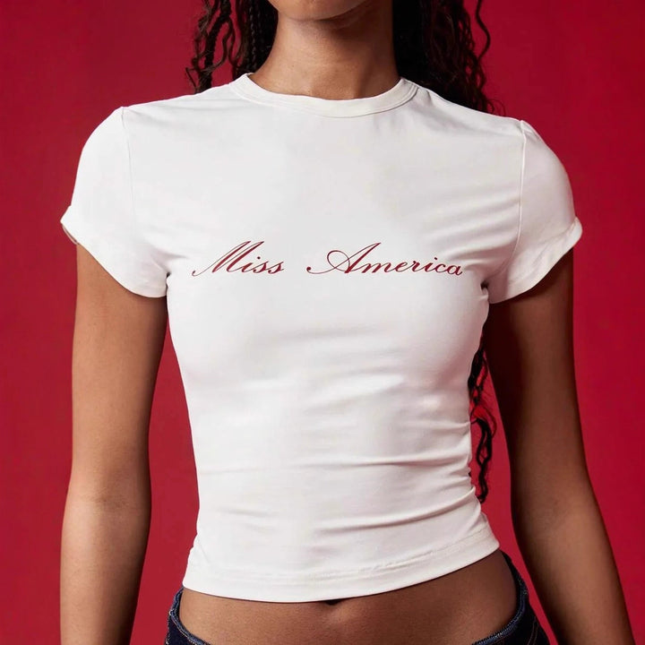Damen Crop-T-Shirt mit elegantem Schriftzug Drune
