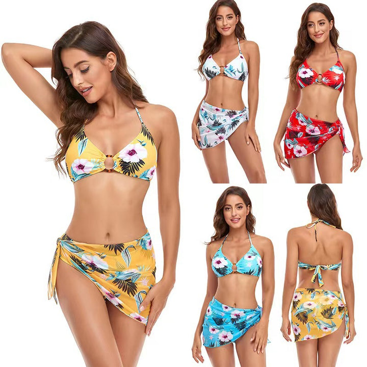Damen Triangel-Bikini-Set mit modischem Wickelrock und floralem Design Drune