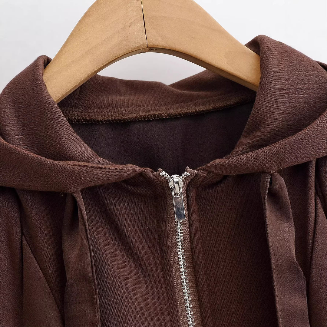 Damen Cropped Kapuzenjacke mit Reißverschluss, übergroßen Ärmeln und breitem Rippbund Drune