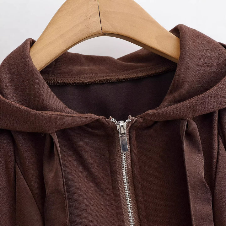Damen Cropped Kapuzenjacke mit Reißverschluss, übergroßen Ärmeln und breitem Rippbund Drune
