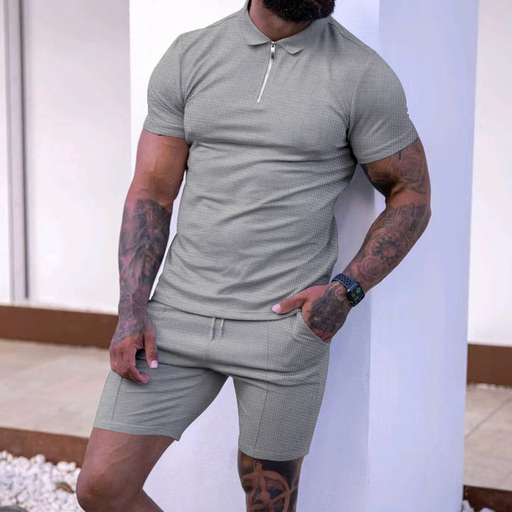 Herren modisches Polo- und Shorts-Set mit strukturiertem Gewebe und funktionalem Reißverschluss Drune