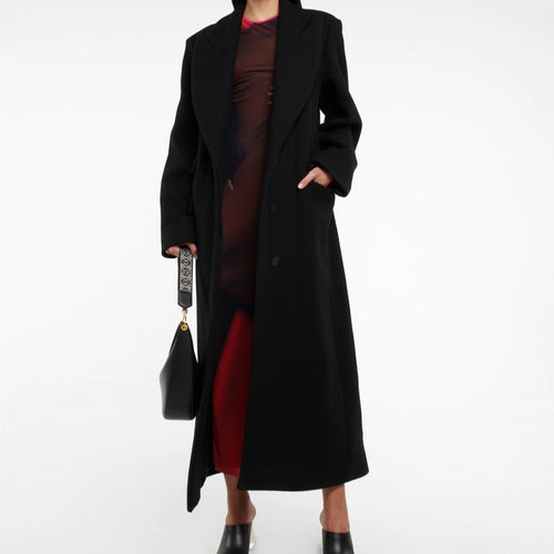 Damen Bodenlanger Longline Einreiher Wollmix-Mantel mit markanter Schulterpartie Drune