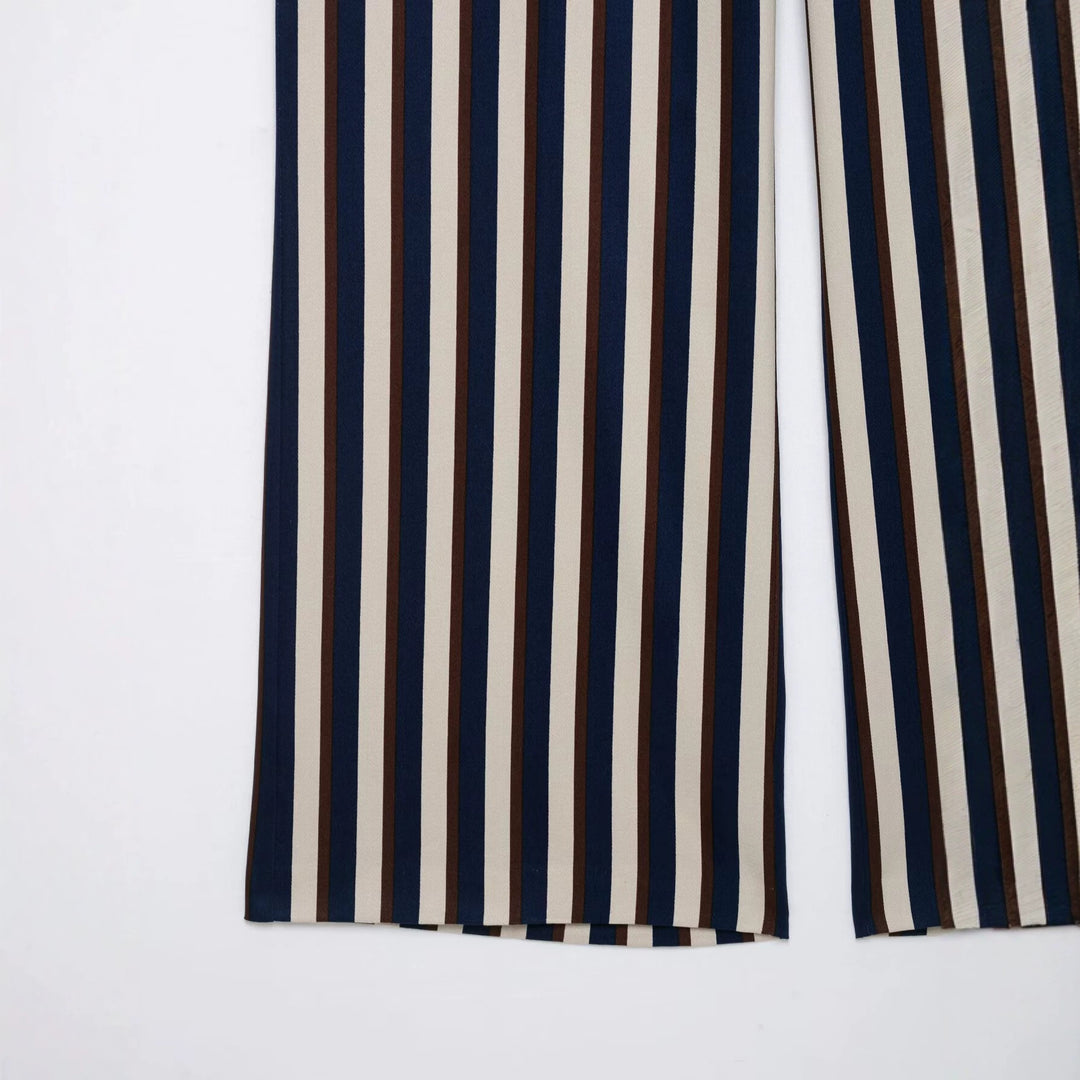 Damen Weite High‑Waist Culotte‑Hose mit verticalem Streifenmuster und Ziergürtel Drune