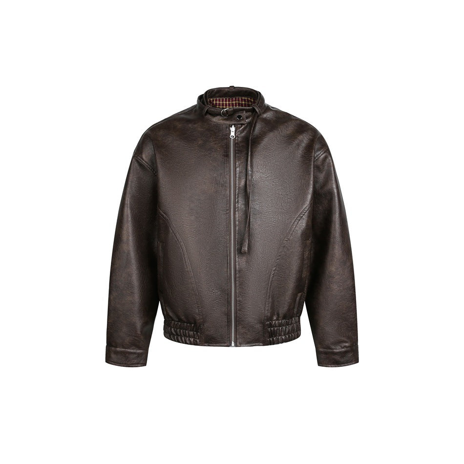 Herren Kurz geschnittener Vintage‑Lederblouson mit Schnallenkragen und elastischem Saum Drune