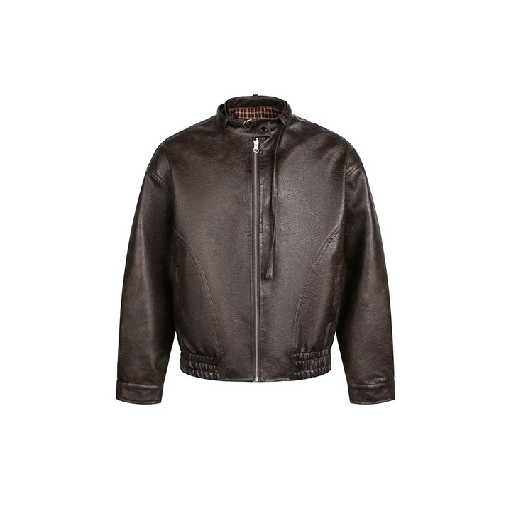 Herren Kurz geschnittener Vintage‑Lederblouson mit Schnallenkragen und elastischem Saum Drune