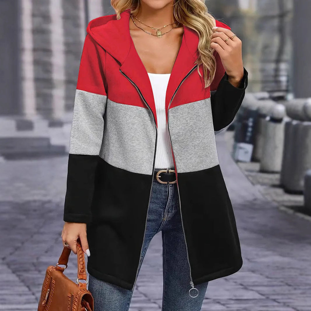 Damen Kapuzen-Farbblock-Mantel mit durchgehendem Reißverschluss, oversized Schnitt und mittellanger Silhouette Drune