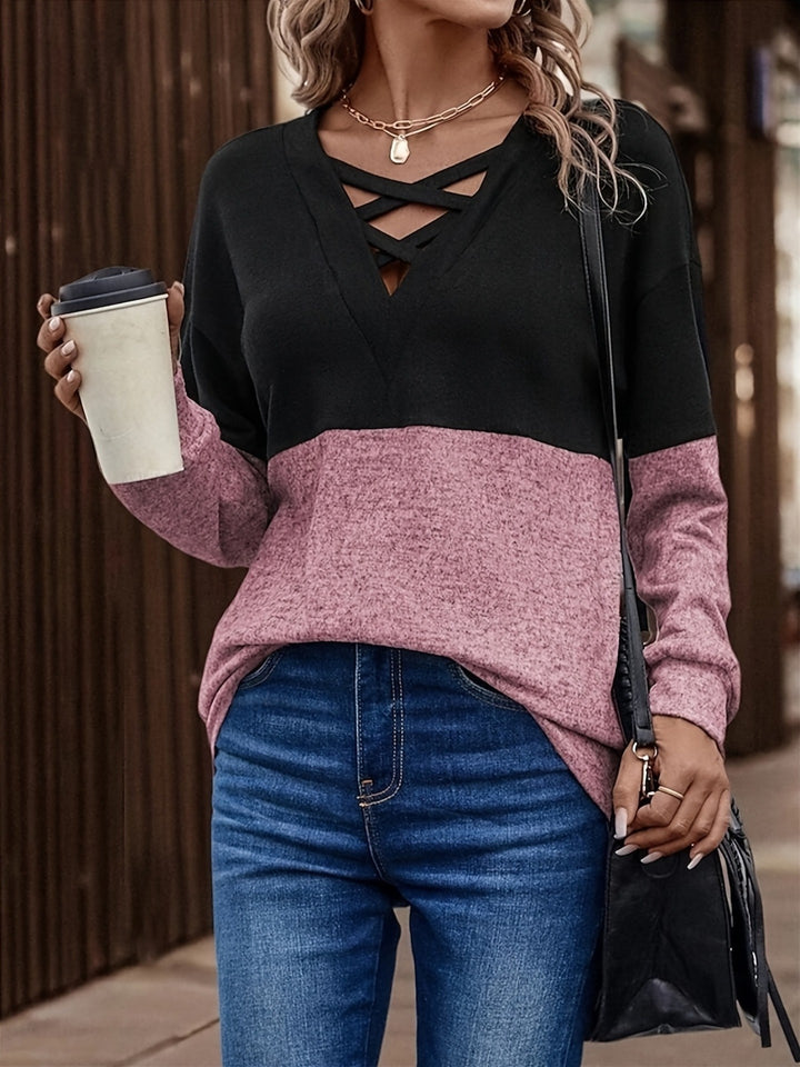 Damen lässiger Pullover mit V-Ausschnitt und Cut-Out-Details Drune