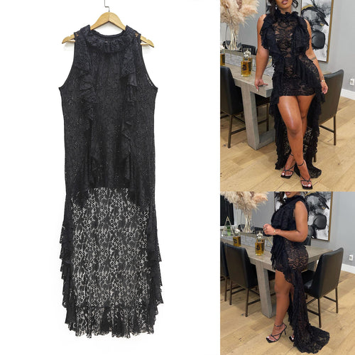 Damen elegantes Spitzenkleid mit Rüschendetails Drune