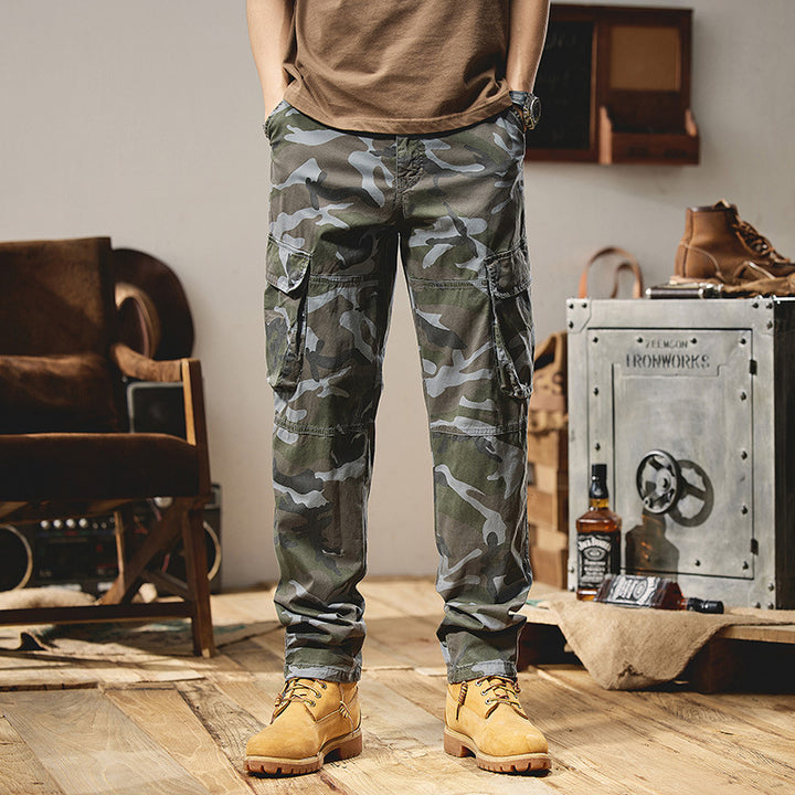 Herren Camouflage-Utility-Cargohose mit Mehrfachklappentaschen, Kniepaneelen und Kordelabschluss Drune