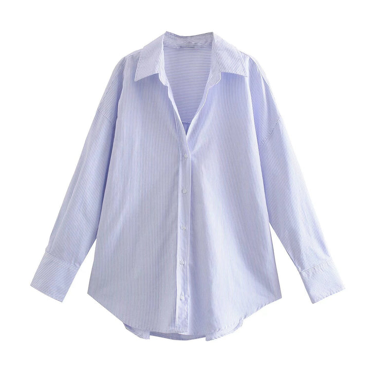 Damen nan oversized Longbluse mit Kentkragen, durchgehender Knopfleiste und abgerundetem Saum Drune