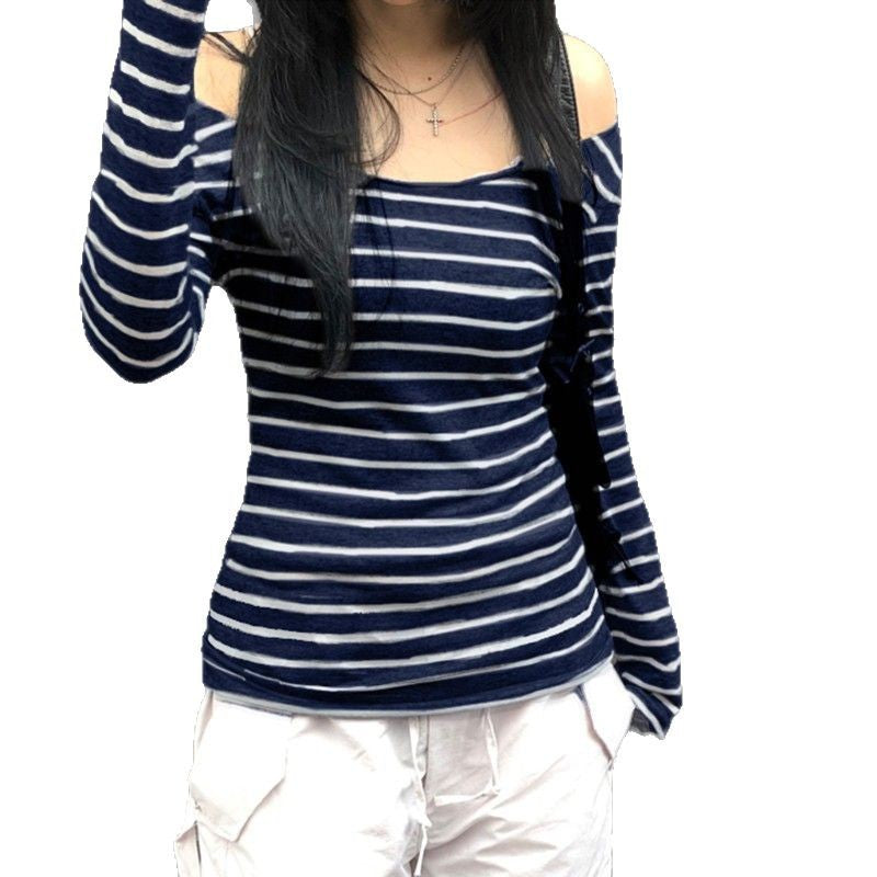 Damen nan schulterfreies gestreiftes Langarmshirt mit weitem U-Boot-Ausschnitt und figurbetonter Taillierung Drune