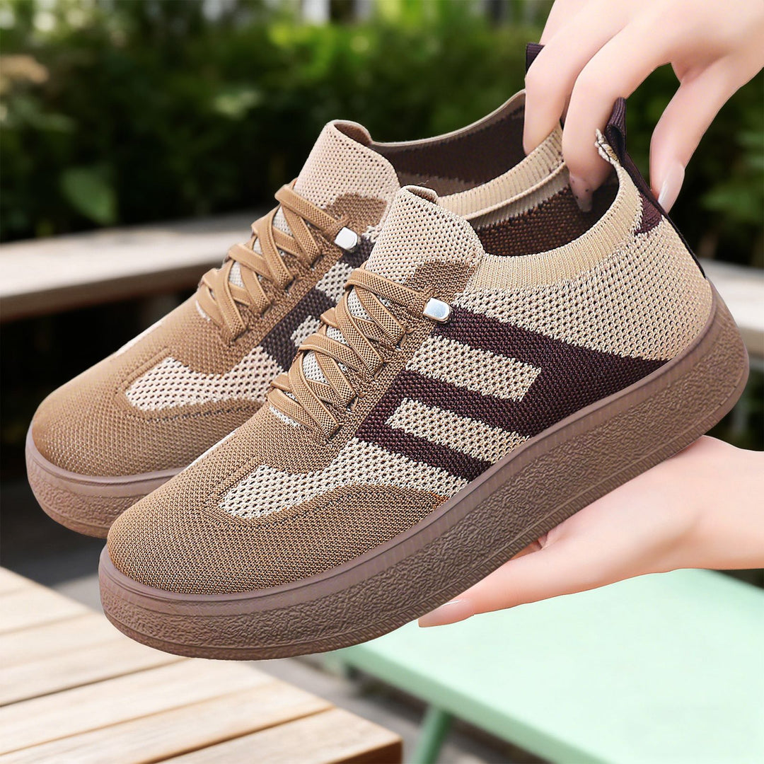 Damen nan gestrickter Slip-On Plateau-Sneaker mit elastischem Sockenschaft, dekorativer Zierstreifen und dämpfender EVA-Leichtsohle Drune