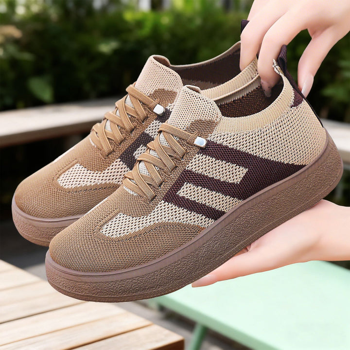 Damen nan gestrickter Slip-On Plateau-Sneaker mit elastischem Sockenschaft, dekorativer Zierstreifen und dämpfender EVA-Leichtsohle Drune