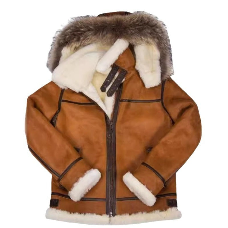 Herren Lammfell-Bomberjacke im Aviator-Stil mit Kapuze und Kontrastlederbesatz Drune
