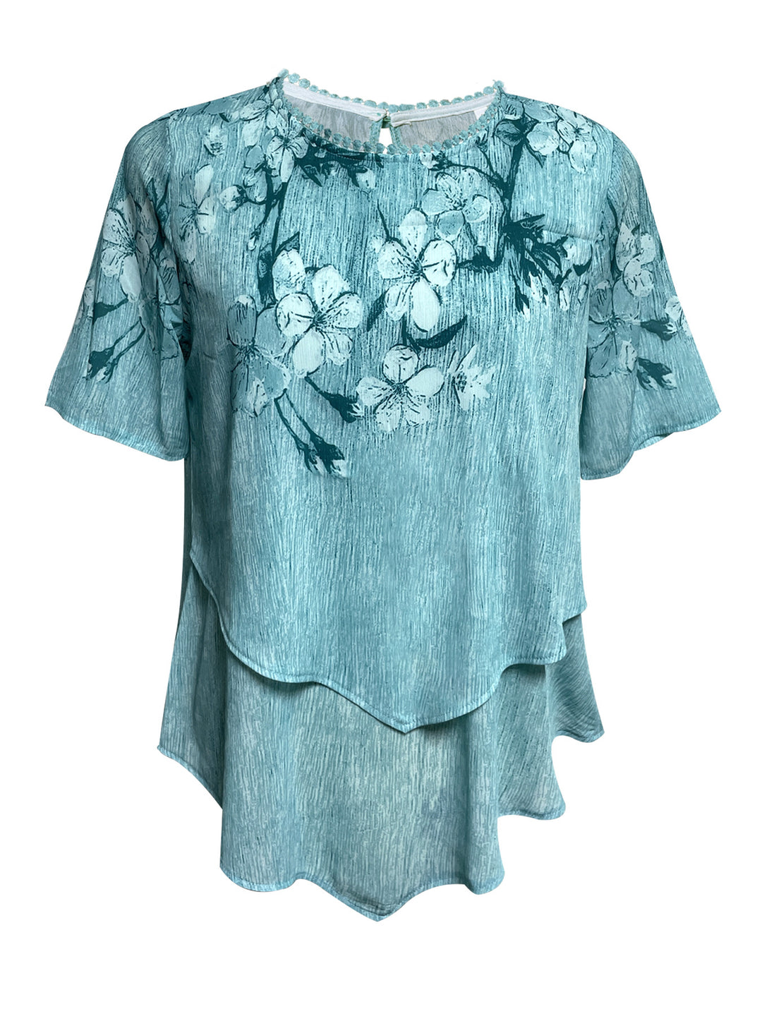 Damen nan zweilagiges Blusenkleid mit asymmetrischem Stufensaum, floraler Druckpasse und Flügelärmeln Drune