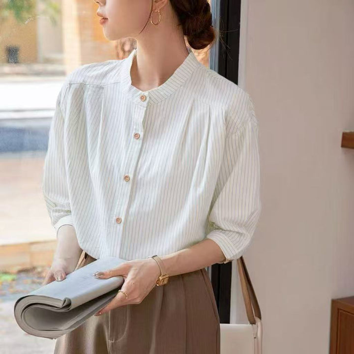 Damen Elegante gestreifte Bluse mit traditionellem Stehkragen Drune
