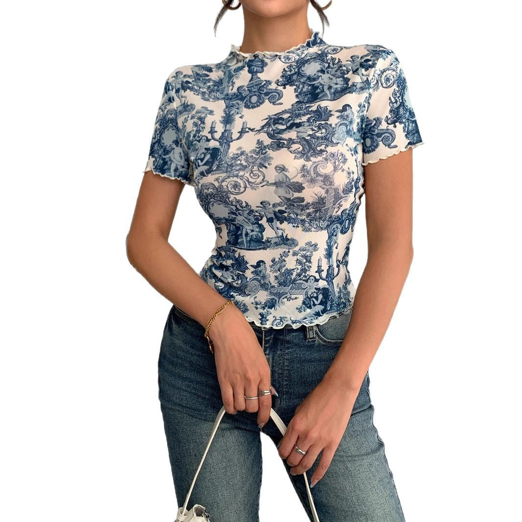 Damen nan figurbetontes kurzärmliges Netzshirt mit Stehkragen und romantischem Landhausdruck Drune