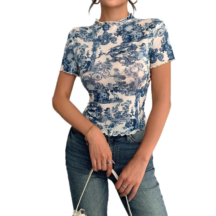 Damen nan figurbetontes kurzärmliges Netzshirt mit Stehkragen und romantischem Landhausdruck Drune
