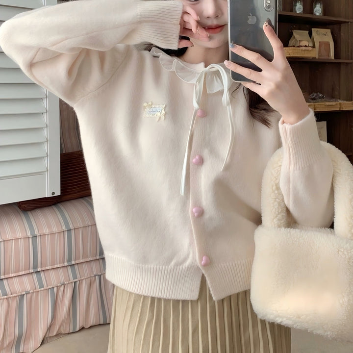 Damen verspielte Strickjacke mit Rüschendetail und perlenähnlichen Knöpfen Drune