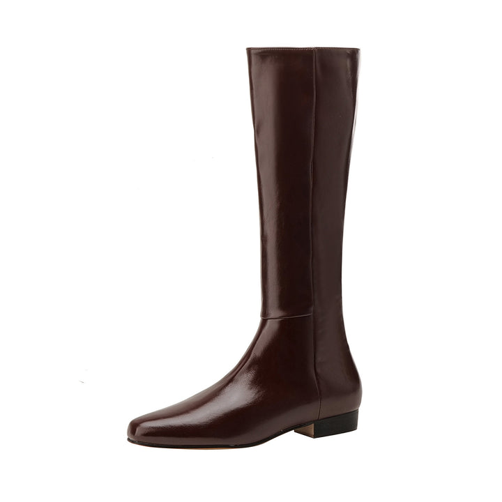 Damen kniehohe Glattleder-Stiefel mit eckiger Zehenpartie und niedrigem Blockabsatz Drune