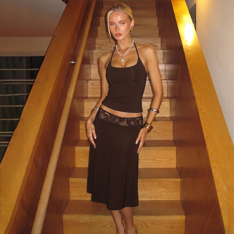 Damen elegantes Trägerkleid mit Spitzenakzent und fließendem Schnitt Drune