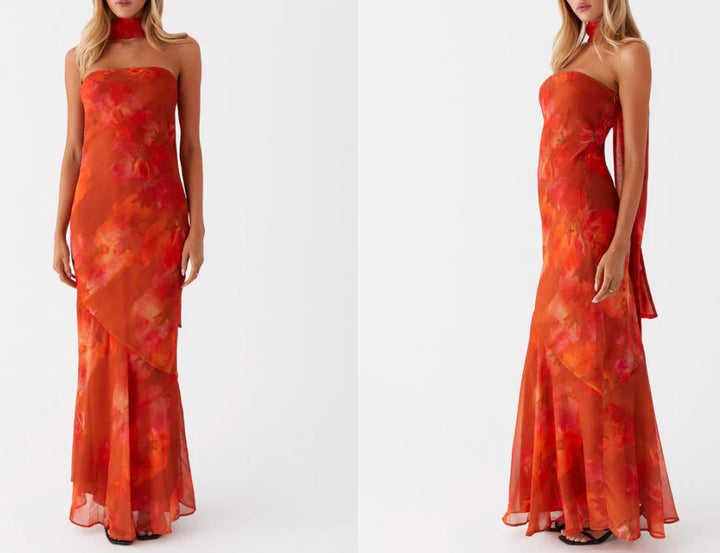 Damen Elegantes Langarm Abendkleid im Blumendesign Drune