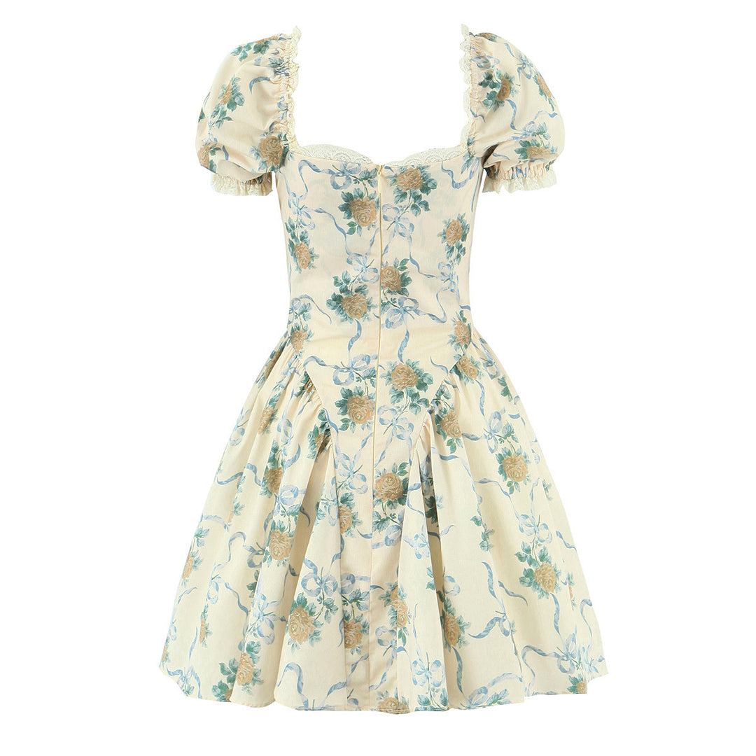 Damen Blumenkleid mit Puffärmeln und Rüschen Drune