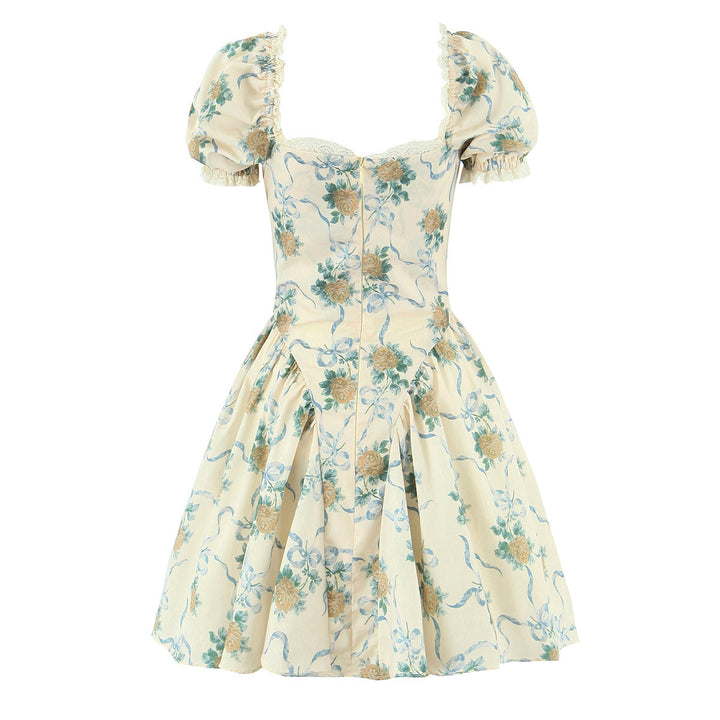 Damen Blumenkleid mit Puffärmeln und Rüschen Drune