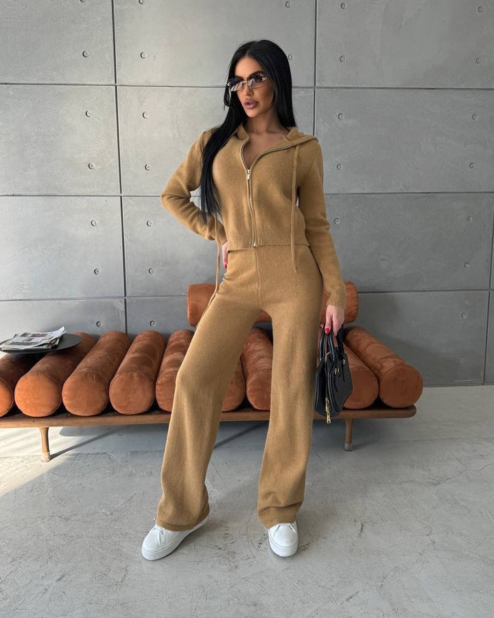 Damen Feinstrick-Loungewear-Set mit taillierter Kapuzenzipjacke und weiter Palazzo-Hose Drune