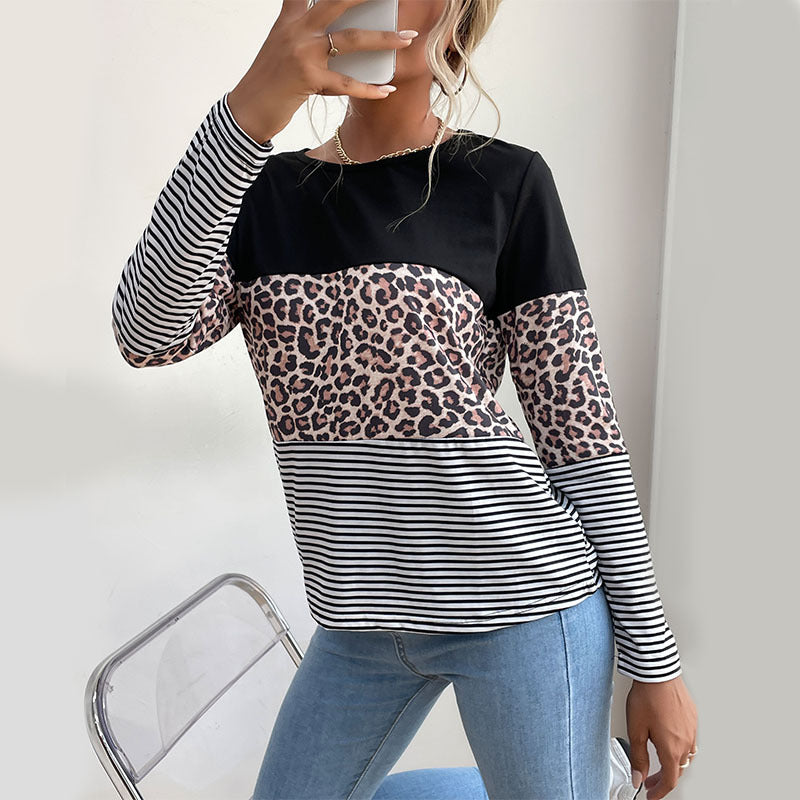 Damen Colorblock-Langarmtop mit Leoparden- und Streifenmix Drune