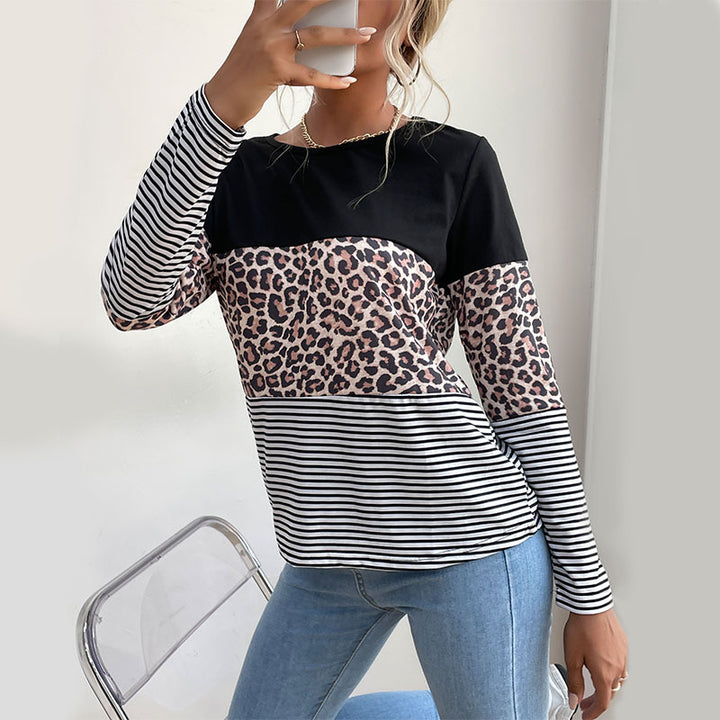 Damen Colorblock-Langarmtop mit Leoparden- und Streifenmix Drune
