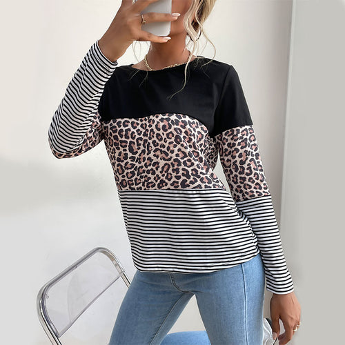 Damen Colorblock-Langarmtop mit Leoparden- und Streifenmix Drune