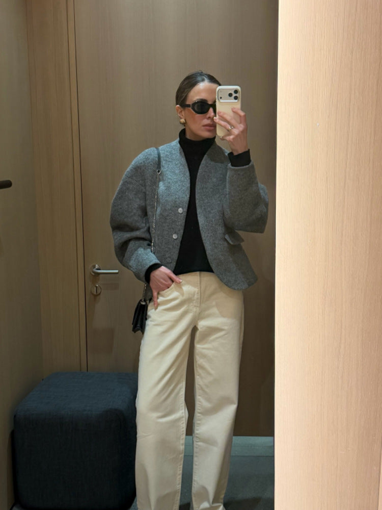 Damen Kurze Wolljacke mit Ballonärmeln und kastiger Silhouette Drune