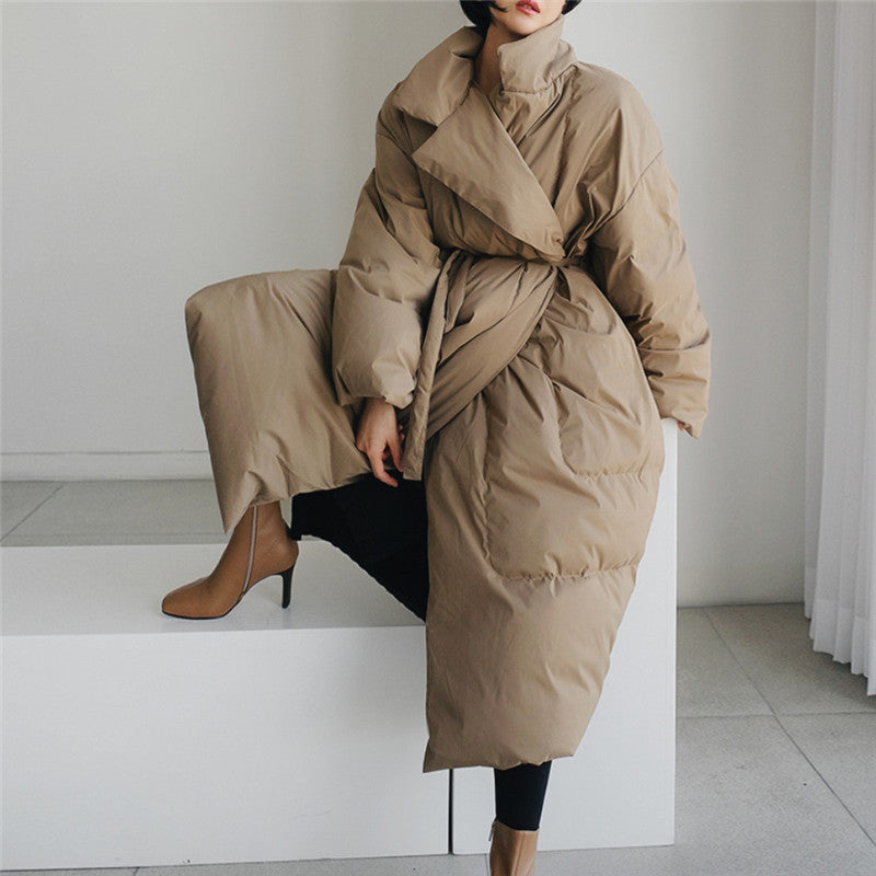 Damen Oversized Steppmantel Maxi mit hohem Stehkragen, Bindegürtel und winddichter Füllung Drune