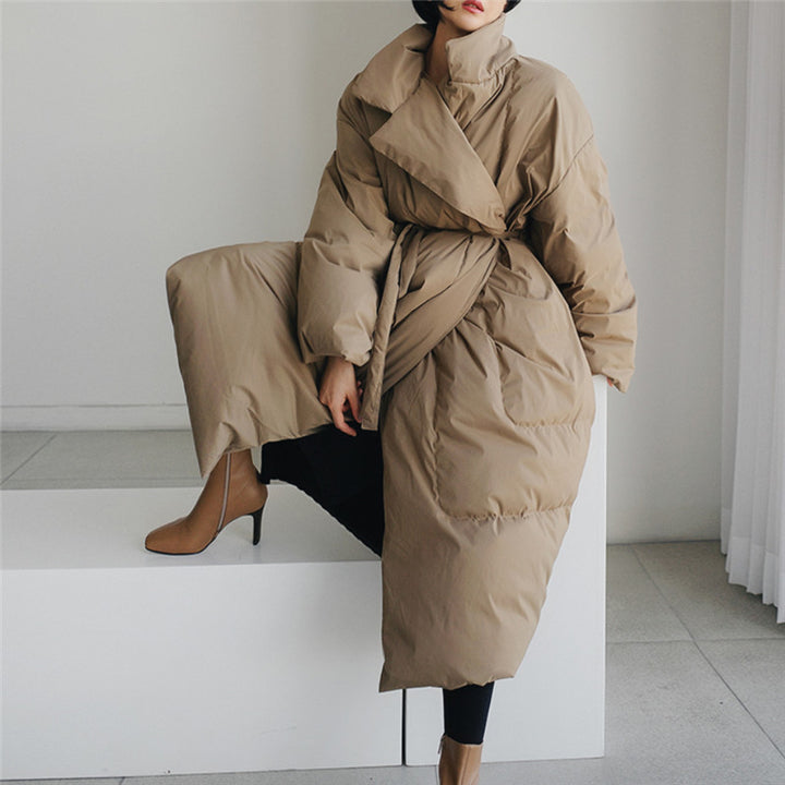 Damen Oversized Steppmantel Maxi mit hohem Stehkragen, Bindegürtel und winddichter Füllung Drune