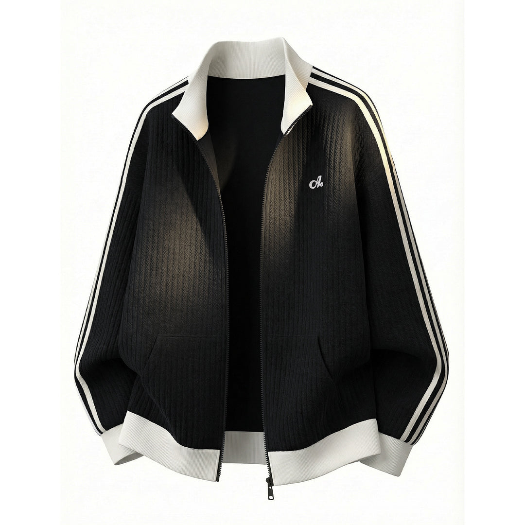 Unisex Locker geschnittene Sportjacke mit Rippenstruktur, Stehkragen und Streifenärmeln Drune